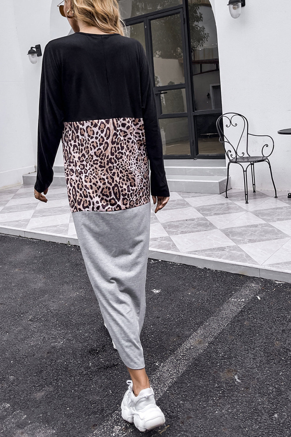 Leopard Print Color Block Side Slit Dress Ins Street