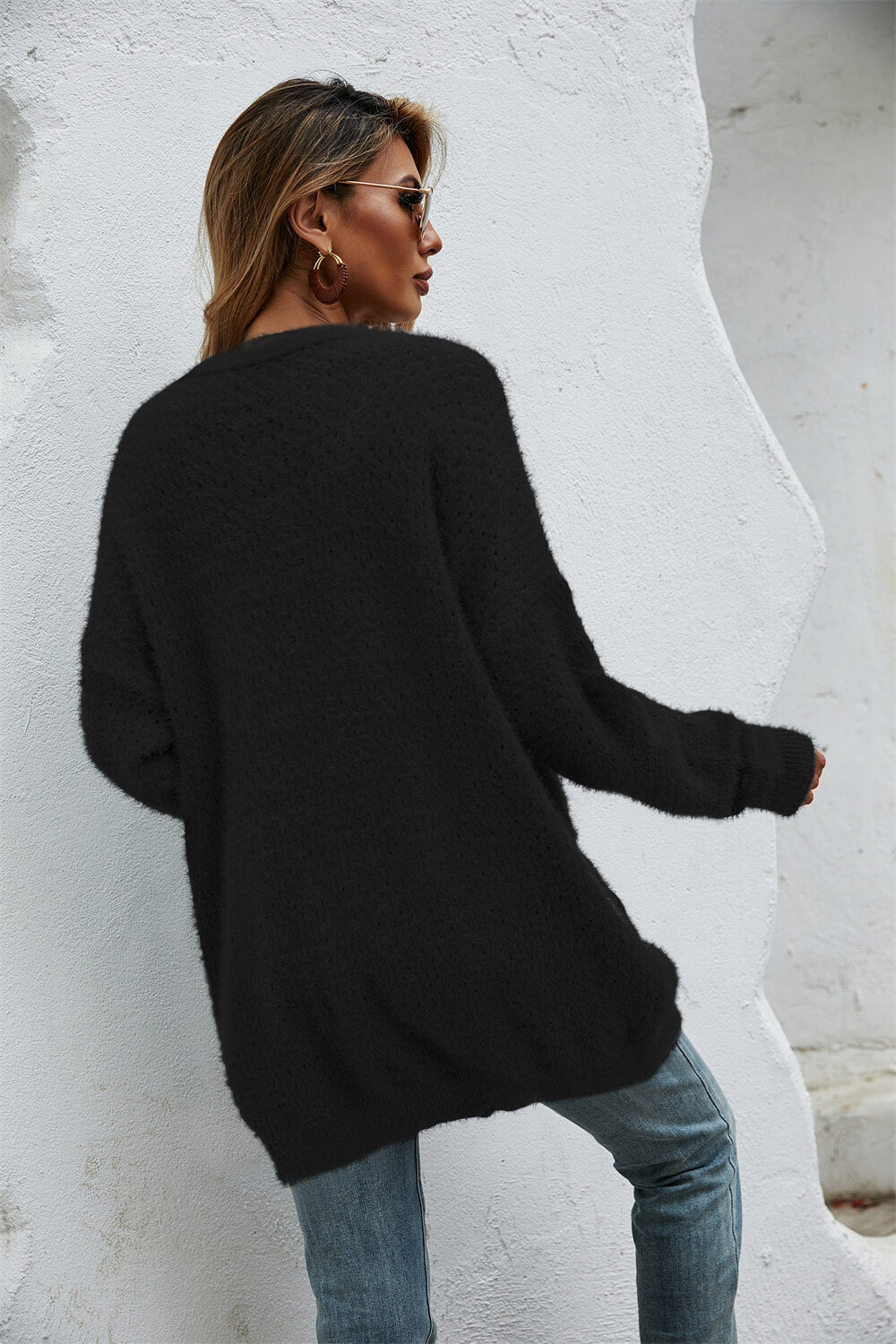 Open Front Openwork Fuzzy Cardigan with Pockets Ins Street