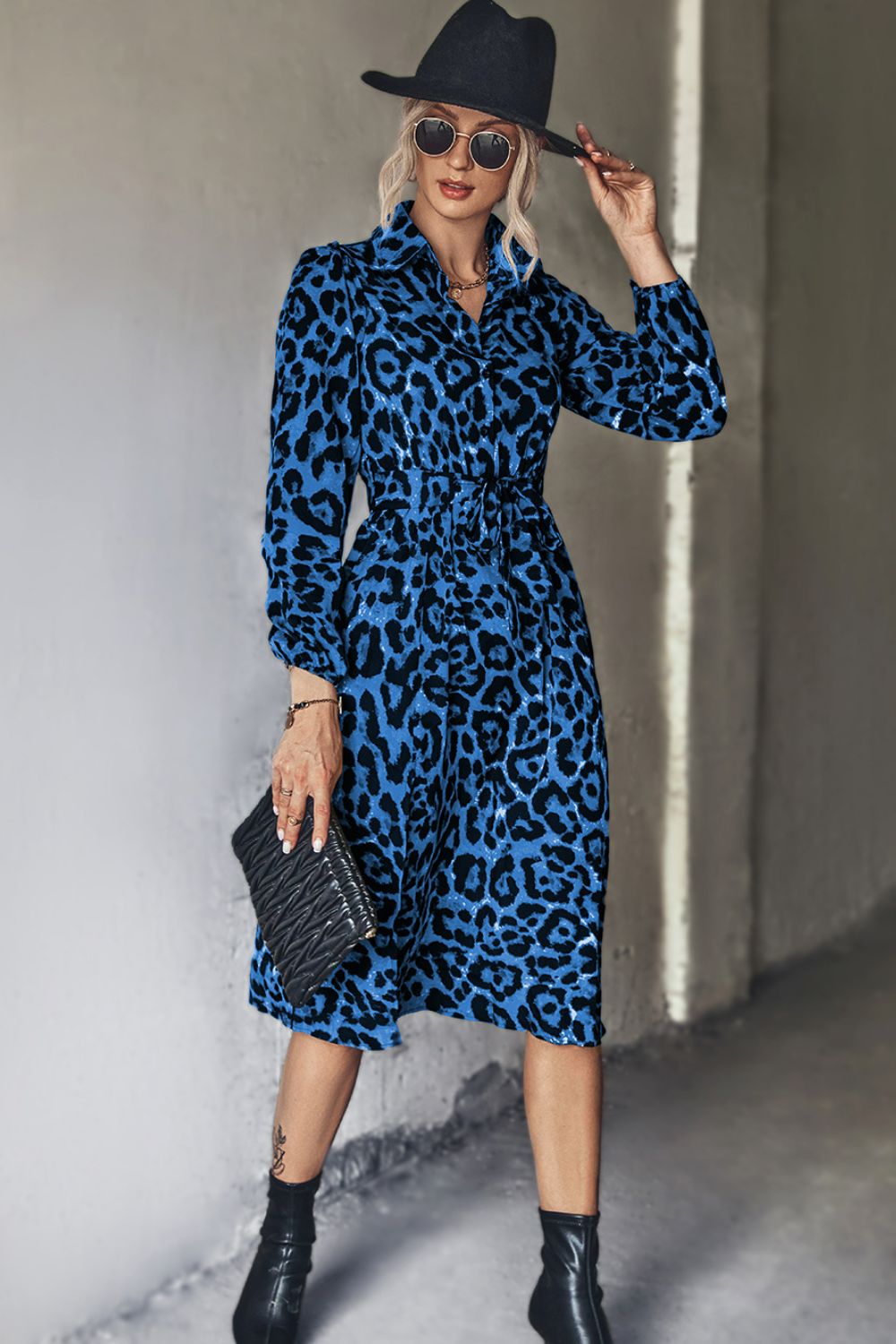 Leopard Print Belted Slit Shirt Dress Ins Street