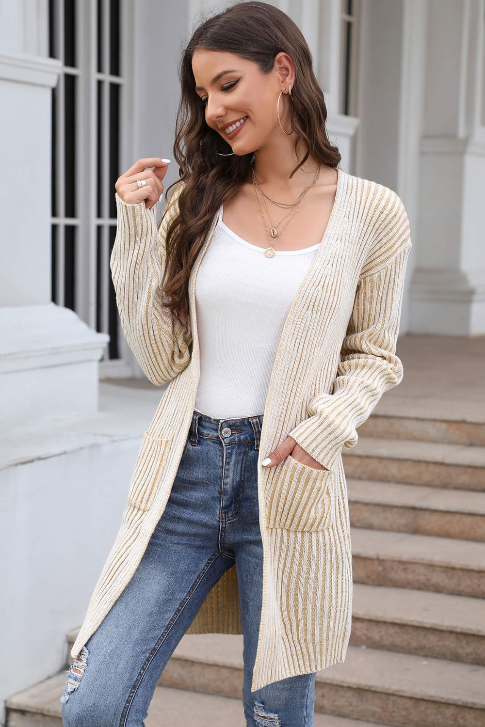 Open Front Dropped Shoulder Pocket Longline Cardigan Ins Street