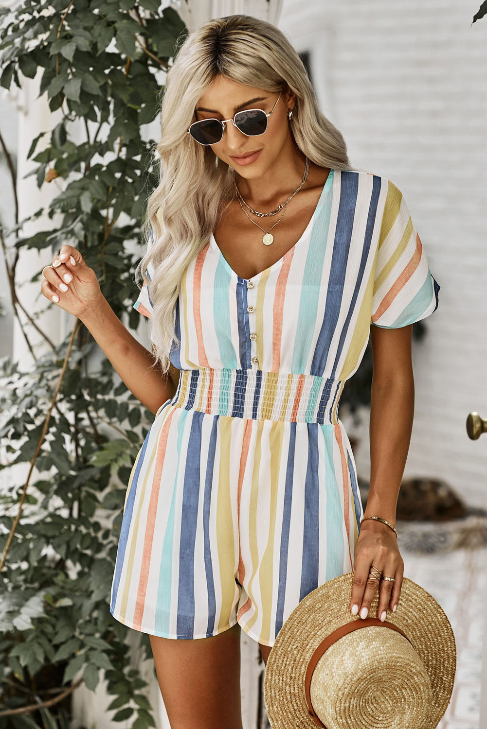 Multicolored Stripe V-Neck Smocked Waist Romper Ins Street