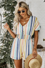 Multicolored Stripe V-Neck Smocked Waist Romper Ins Street