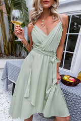 Simplee Casual Green V-neck Strap Midi Women Dress 2021 Asymmetrical Belt Holiday A-line Summer Dress Sleeveless Party Vestidos Ins street
