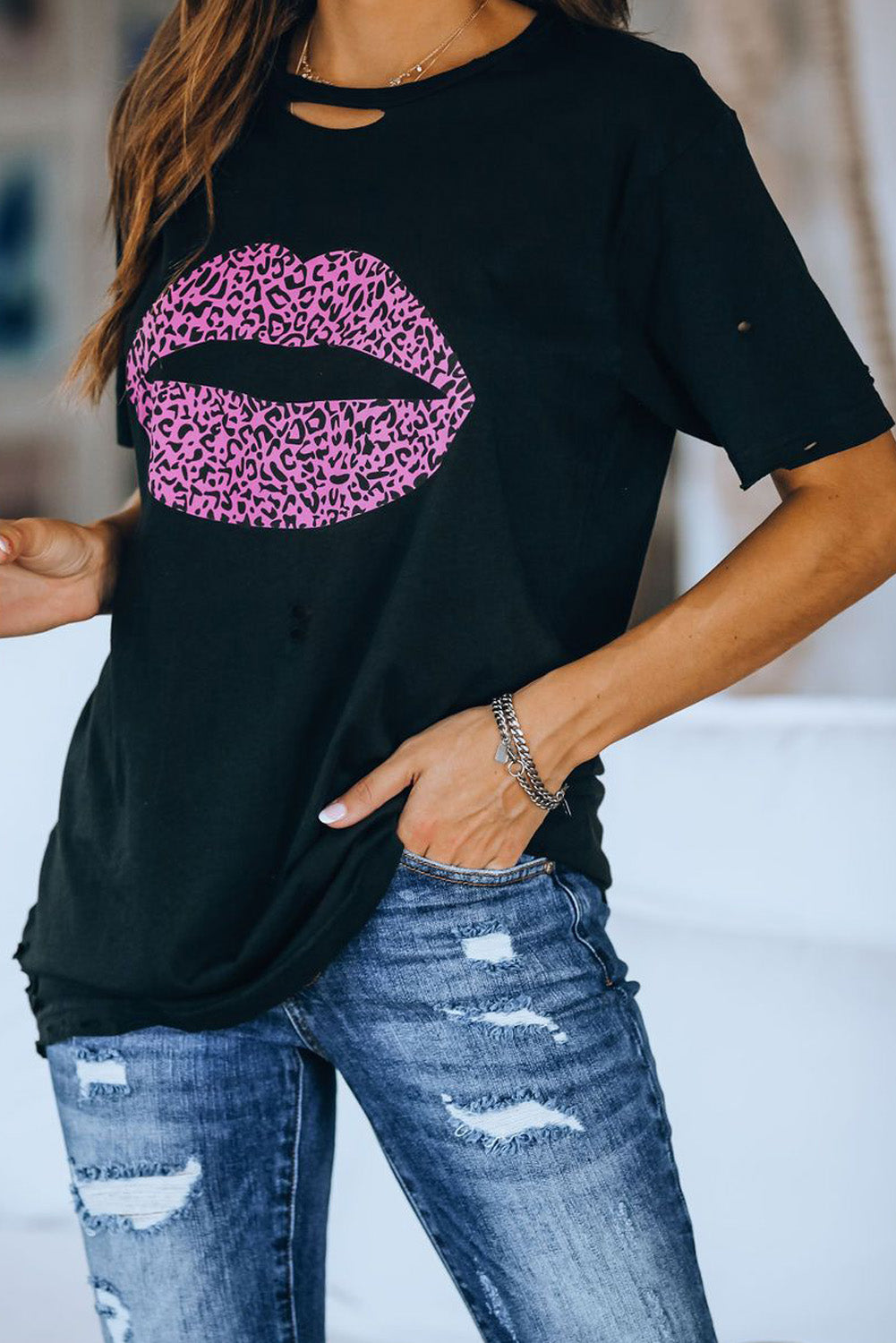 Leopard Lip Distressed T-Shirt Ins Street