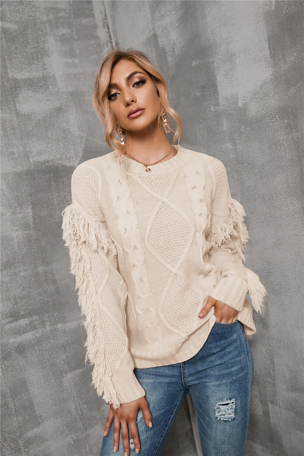 Mixed Knit Fringe Detail Round Neck Sweater Ins Street