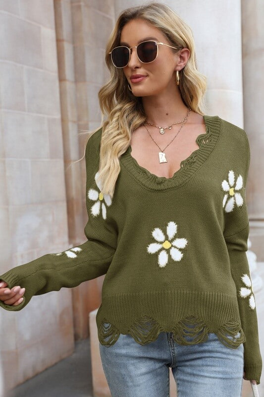 Fashion Floral Pullover with Plunging Neckline Ins street