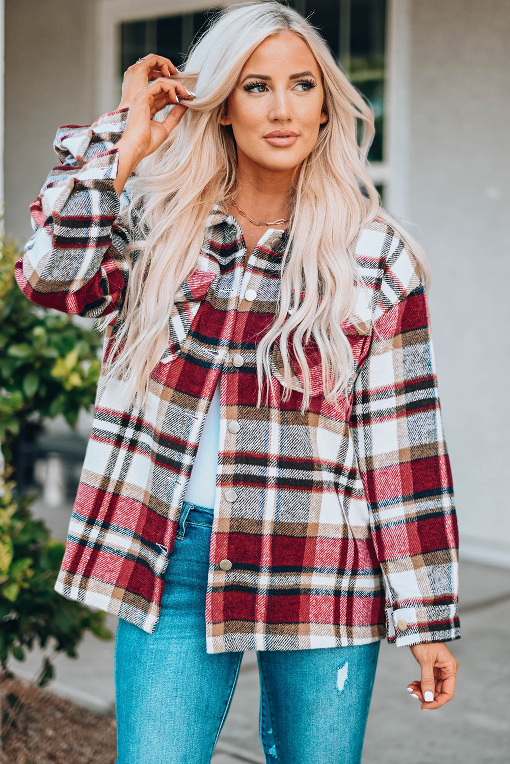Plaid Button Front Shirt Jacket with Breast Pockets Ins Street