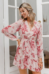 Simple Sexy Deep V-neck Print Dress Spring Long Sleeve Lace-up Women Dress Ins street