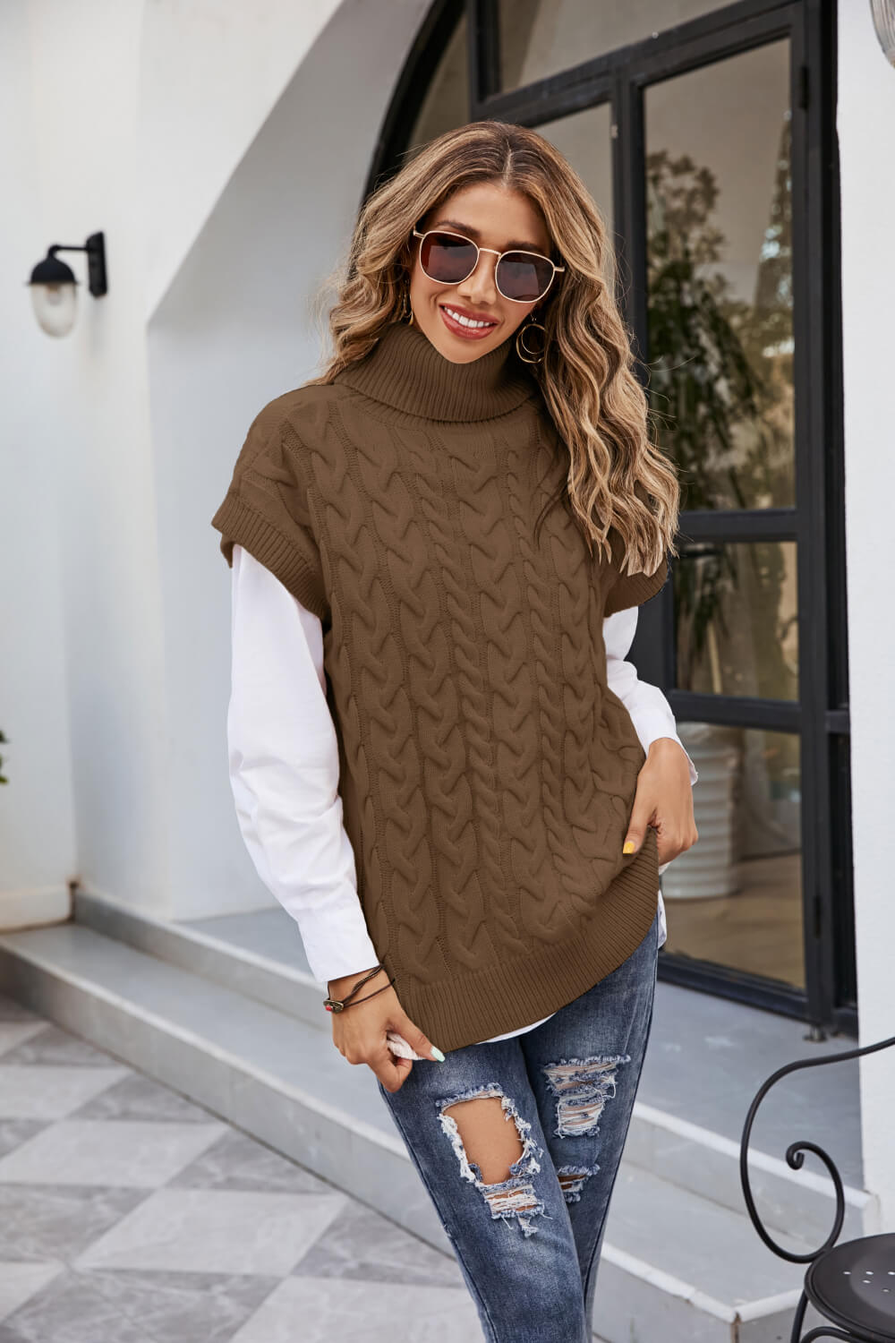 Mixed Knit Short Sleeve Turtleneck Sweater Ins Street