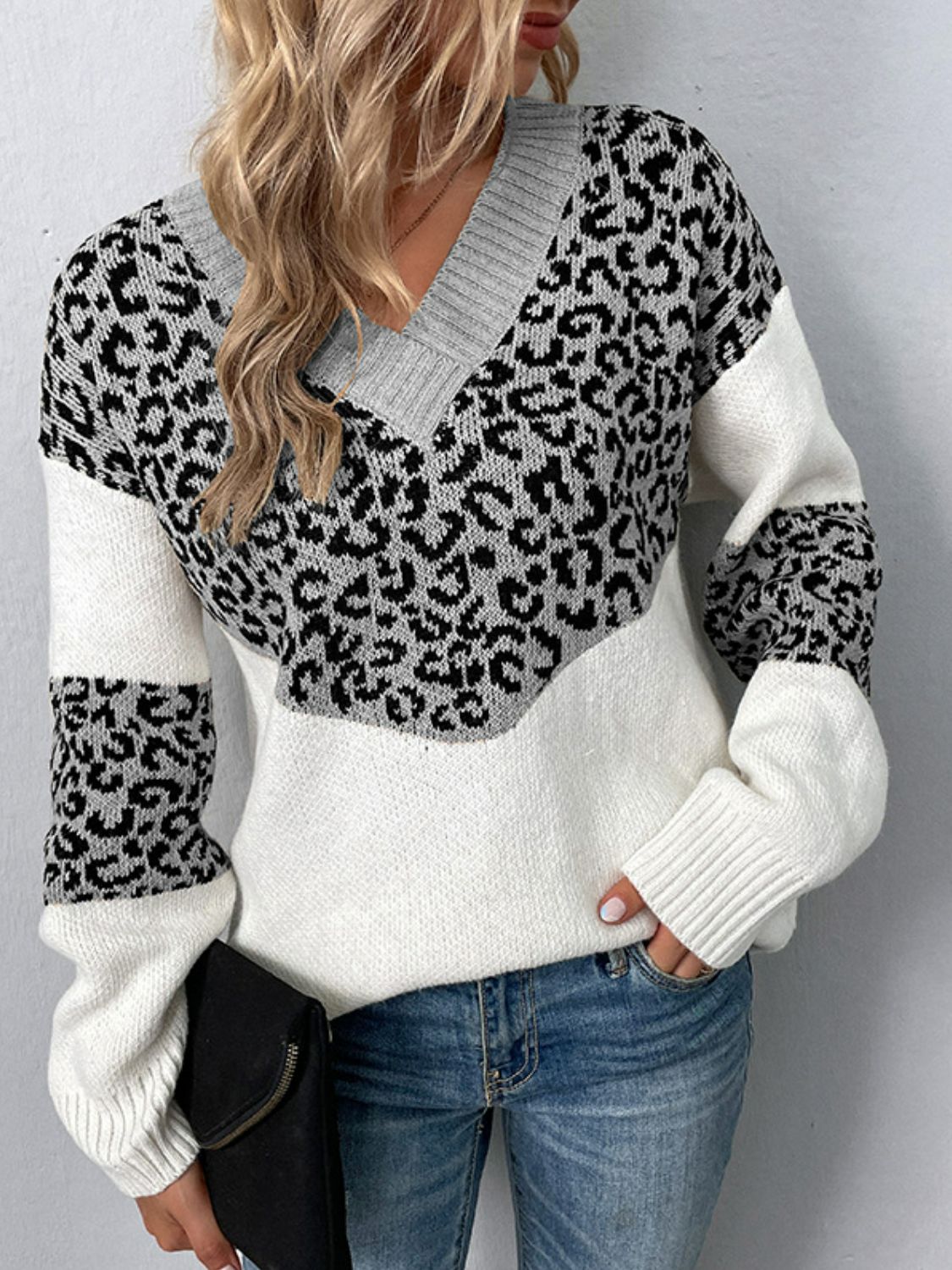 Leopard Color Block V-Neck Ribbed Trim Sweater Ins Street