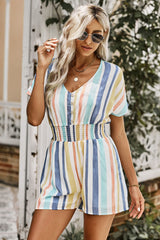 Multicolored Stripe V-Neck Smocked Waist Romper Ins Street