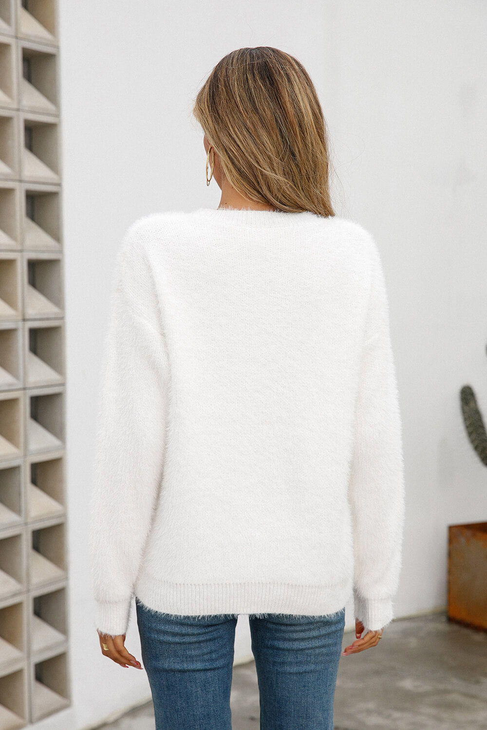 Dropped Shoulder Round Neck Fuzzy Sweater Ins Street