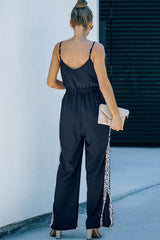 Leopard Contrast Spaghetti Strap Wide Leg Jumpsuit Ins Street