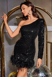 Meredith One Shoulder Feather Sequin Dress Ins Street