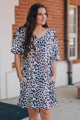 Leopard V-Neck Short Sleeve Mini Dress with Pockets Ins Street