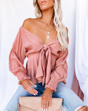 Addicted To Love Textured Tie Front Peplum Top - Rose FLAW-001