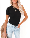 Admiration One Shoulder Ribbed Knit Top - Black WISH-001