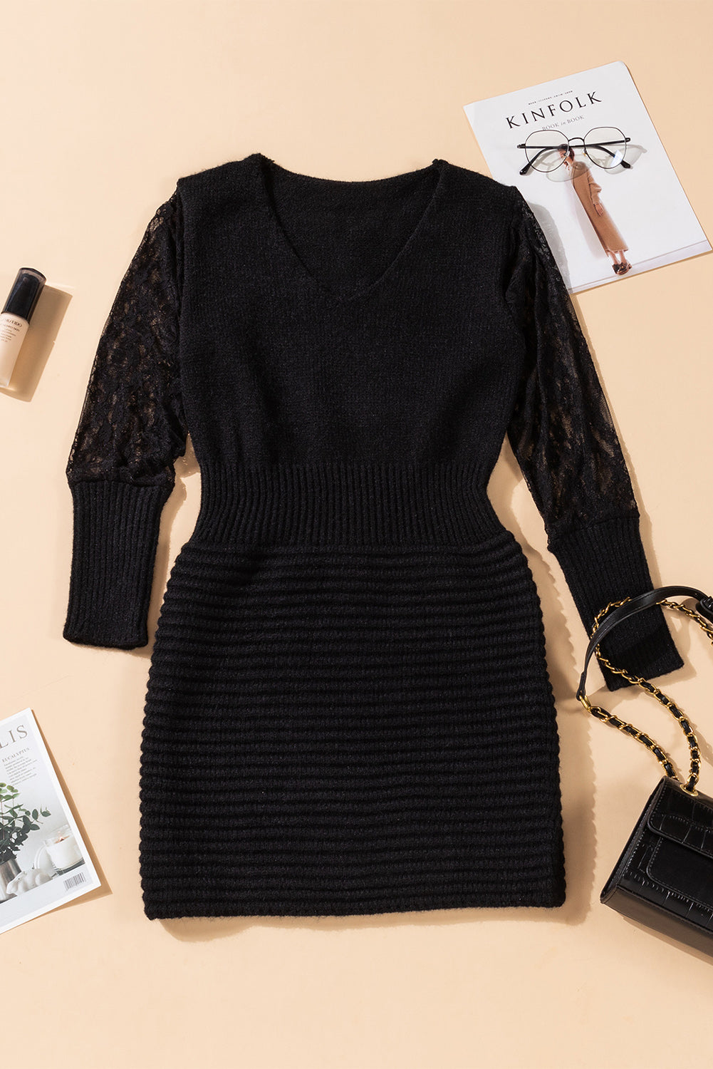 Lace Sleeve V-Neck Knit Dress Ins Street