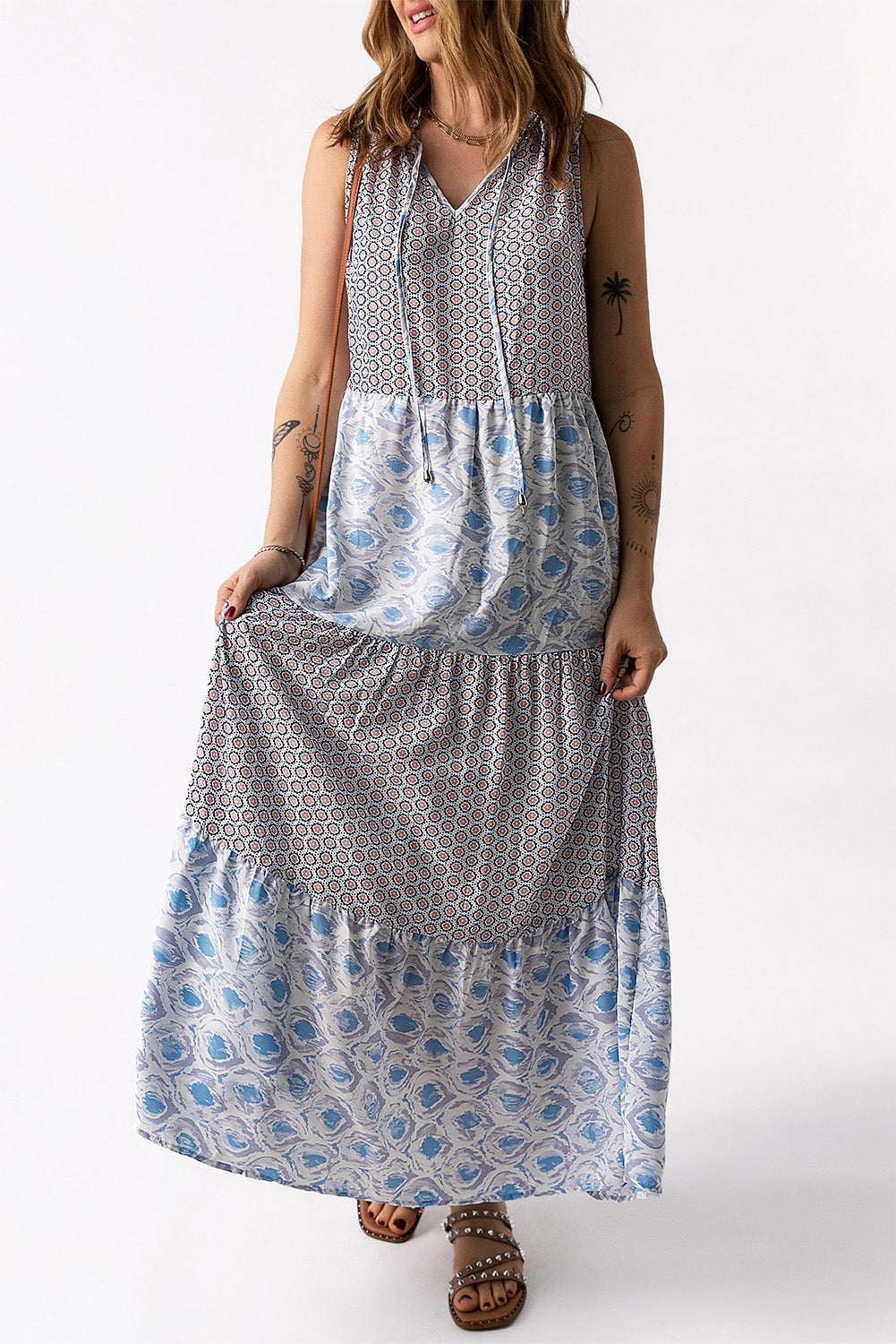 Mixed Print Tie-Neck Sleeveless Maxi Dress Ins Street