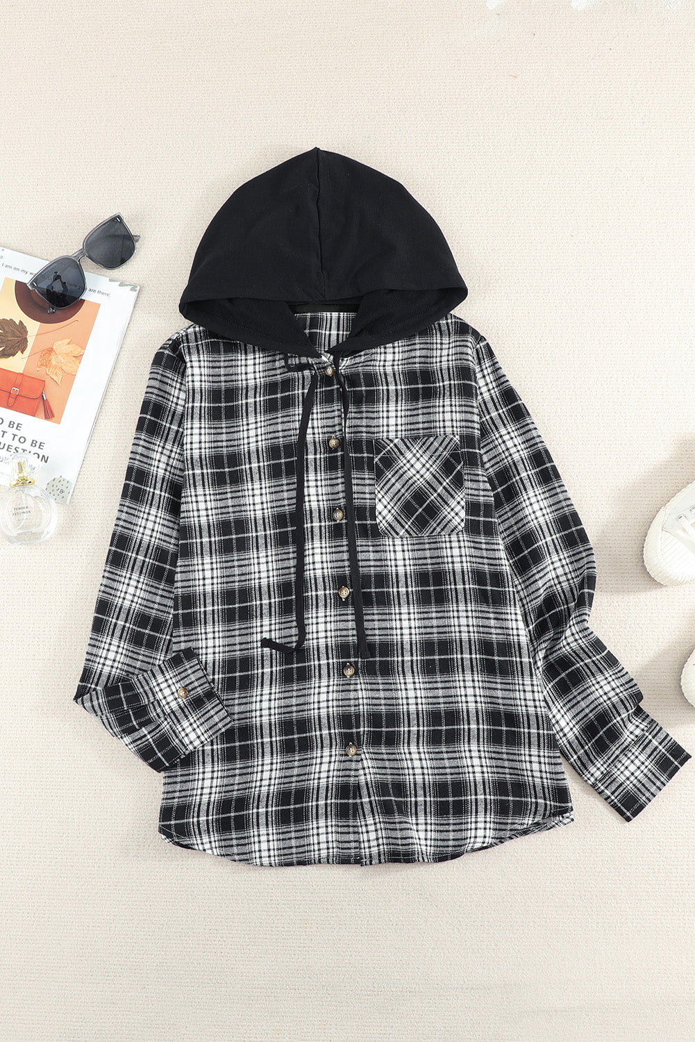 Plaid Drawstring Hooded Shirt Jacket Ins Street