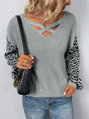 Leopard Lantern Sleeve Crisscross Sweater Ins Street