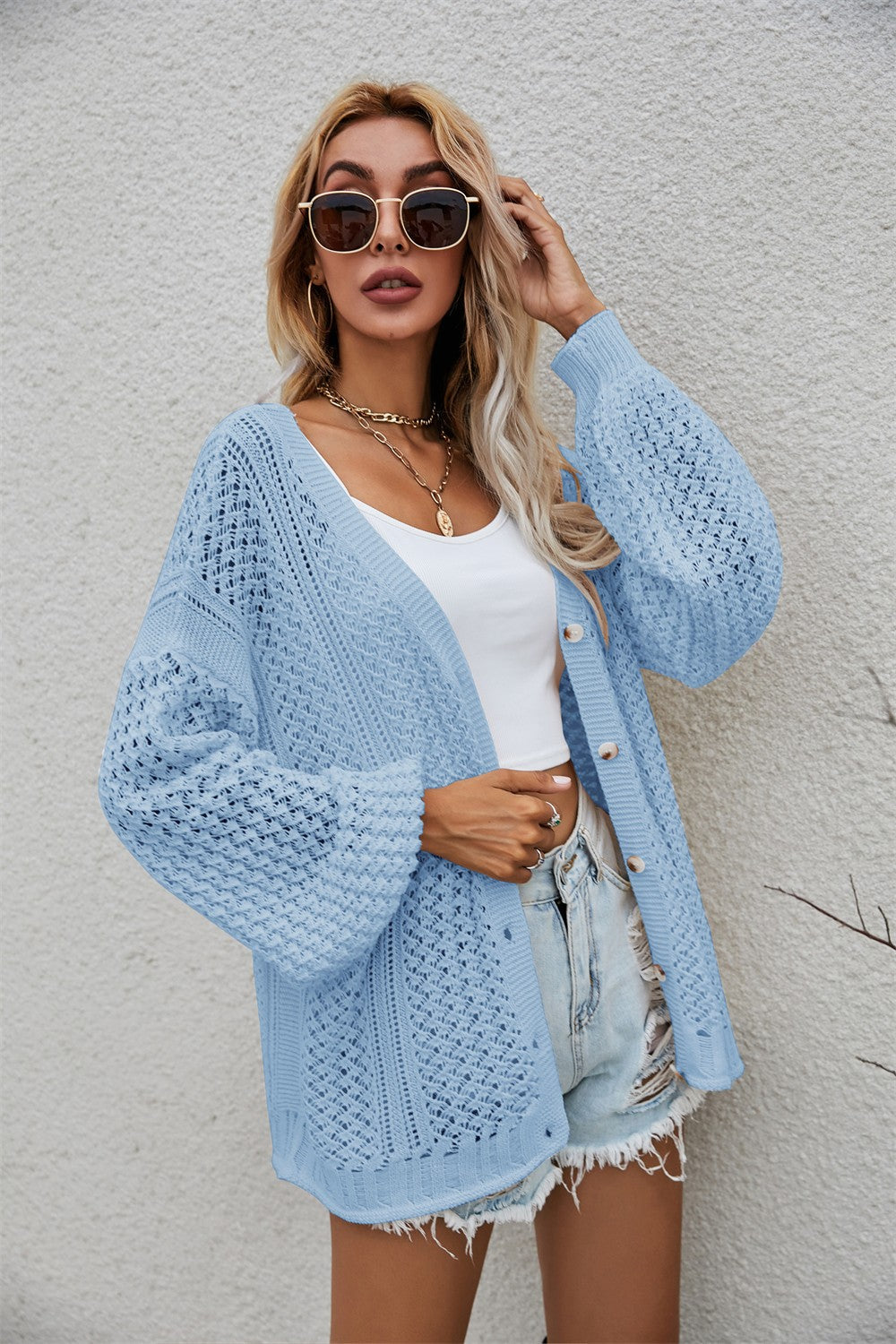 Openwork V-Neck Dropped Shoulder Cardigan Ins Street