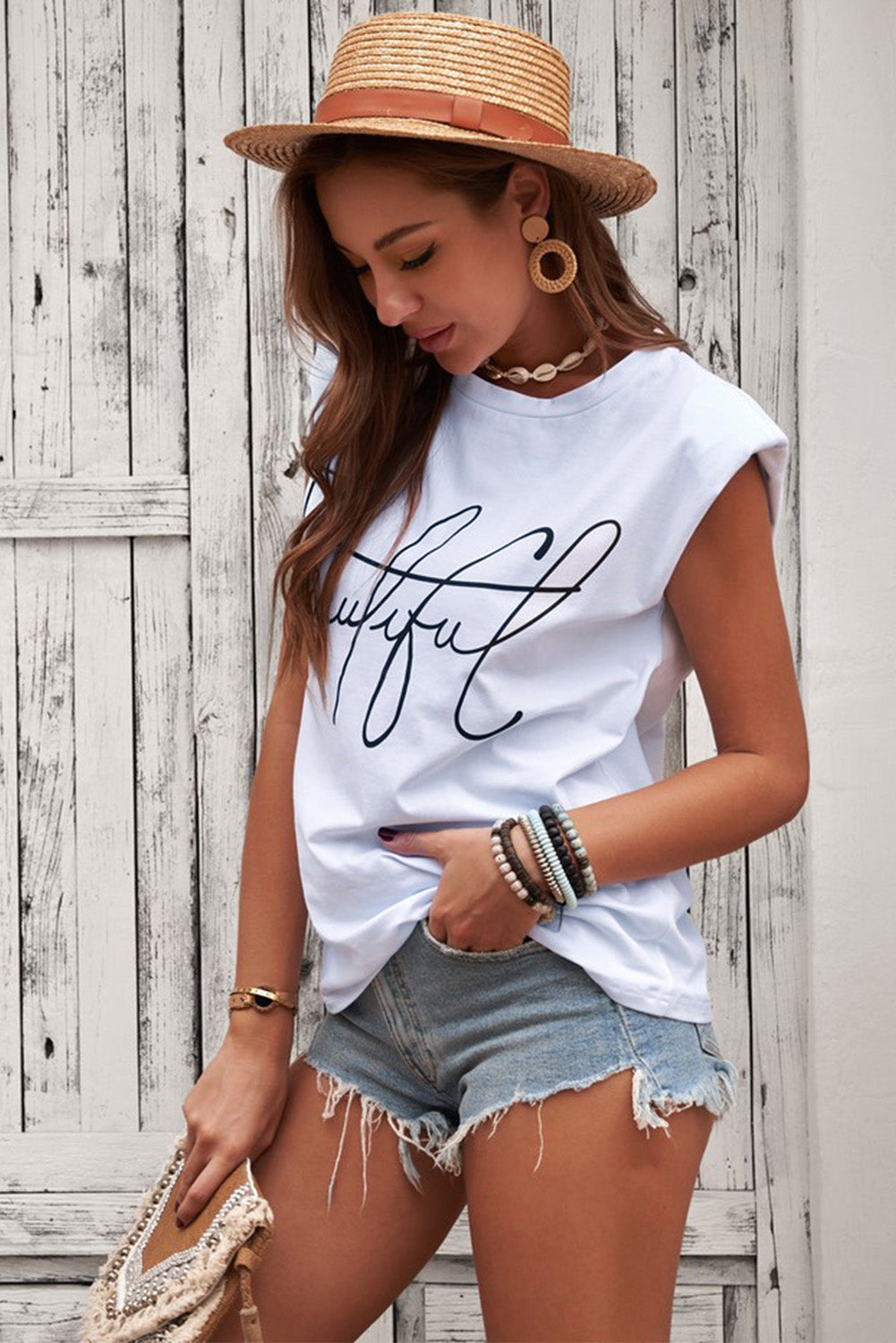 Padded Shoulder Letter Print Tank Top Ins Street