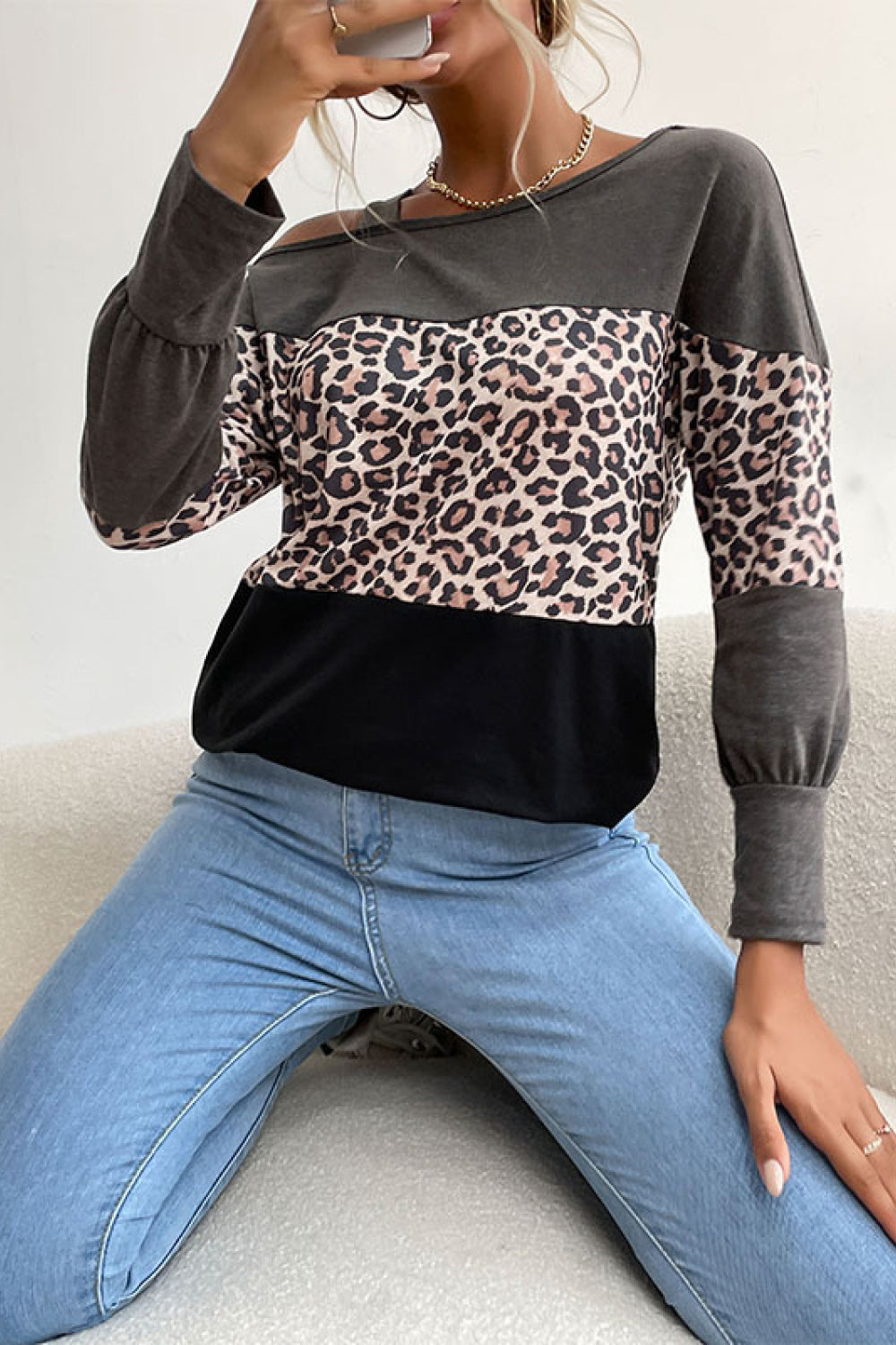 Leopard Print Color Block Cold  Shoulder Top Ins Street