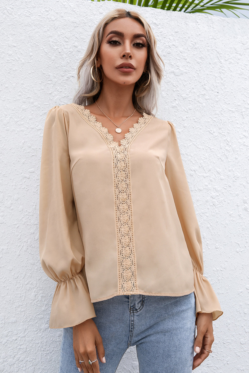 Lace Trim Flounce Sleeve Blouse Ins Street