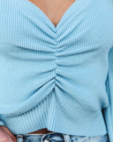 Aimee Ruched Crop Knit Sweater Top - Baby Blue DEE-001