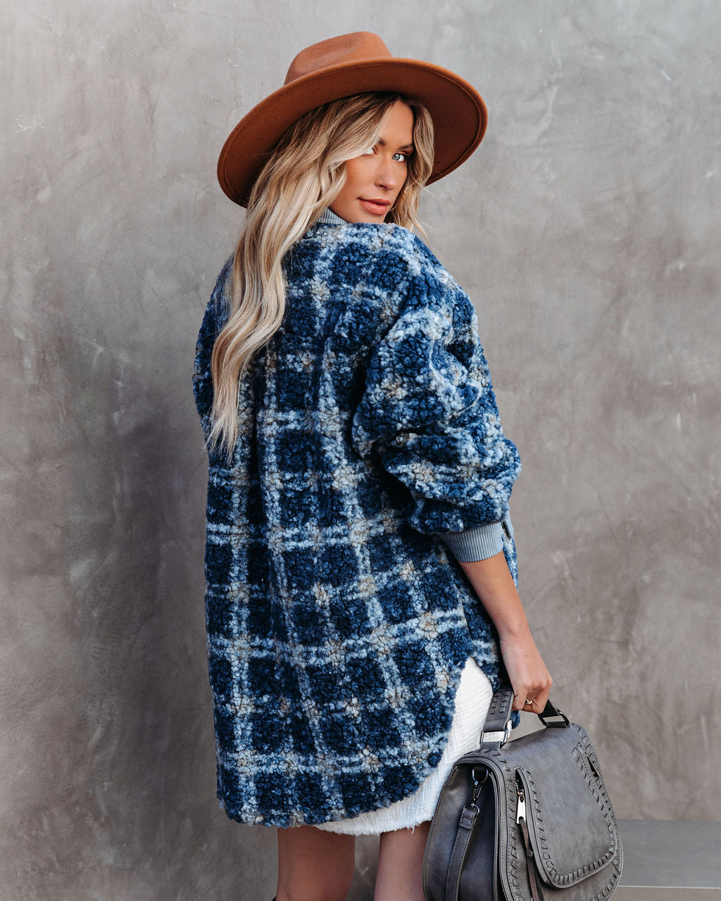 Alaska Plaid Pocketed Teddy Jacket - Blue DAVI-001