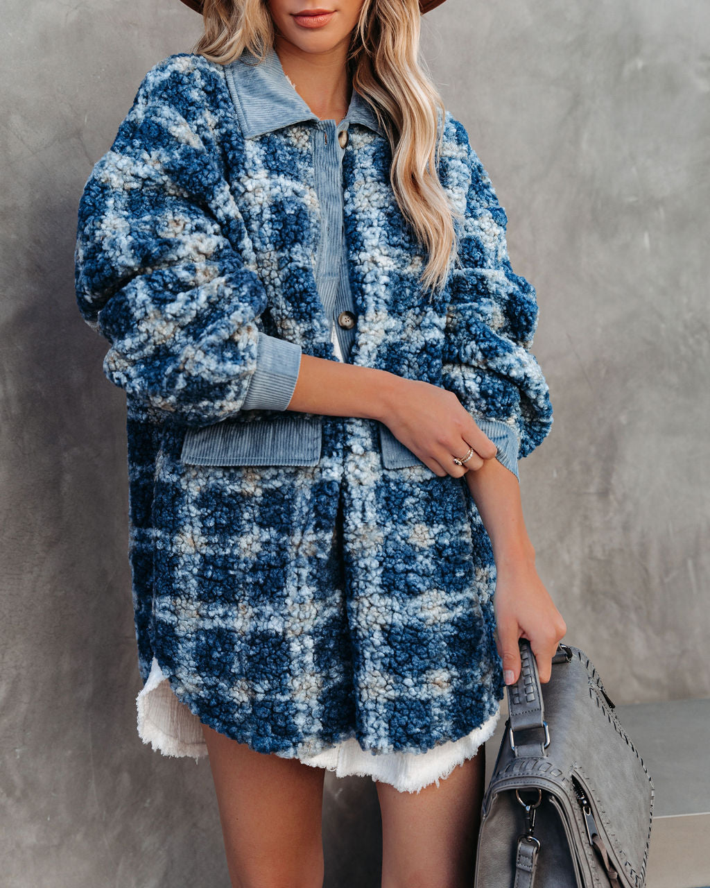 Alaska Plaid Pocketed Teddy Jacket - Blue DAVI-001