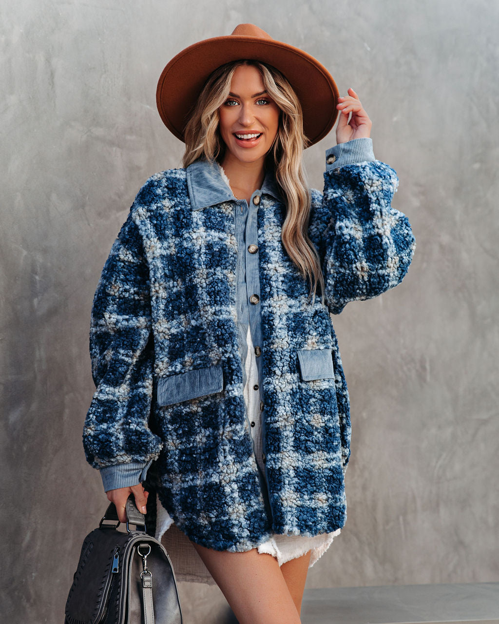 Alaska Plaid Pocketed Teddy Jacket - Blue DAVI-001