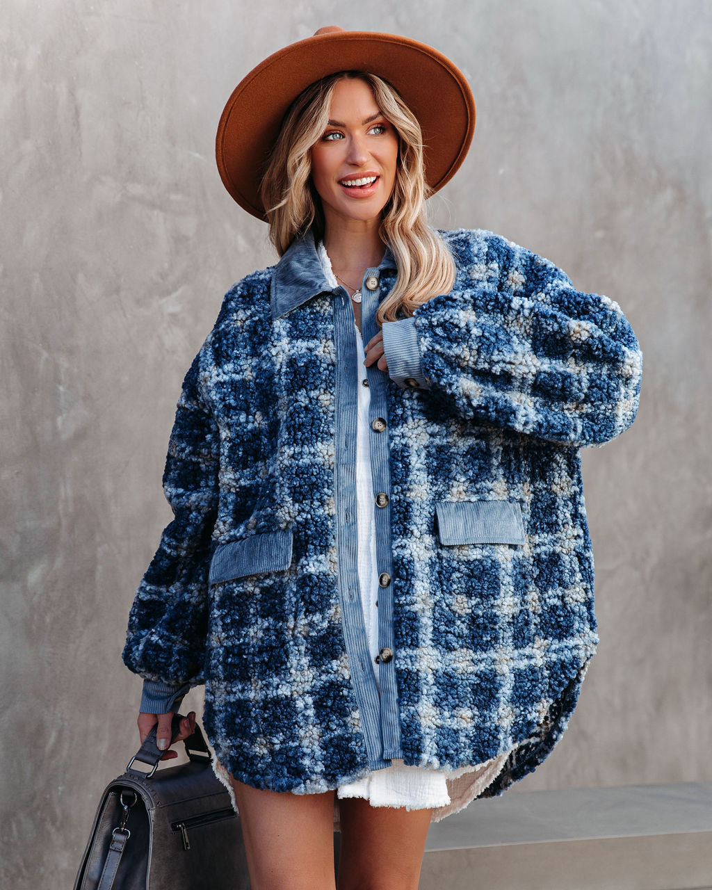 Alaska Plaid Pocketed Teddy Jacket - Blue DAVI-001