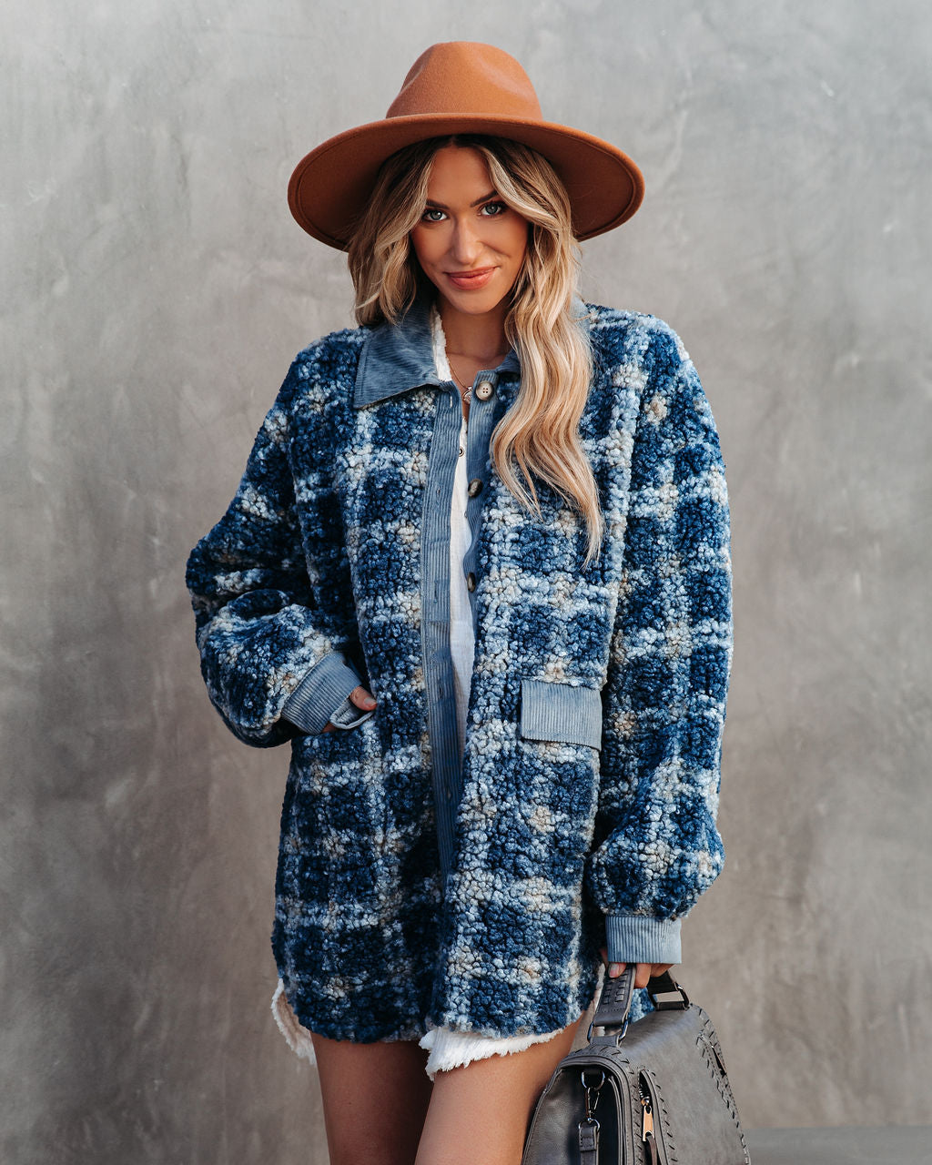 Alaska Plaid Pocketed Teddy Jacket - Blue DAVI-001