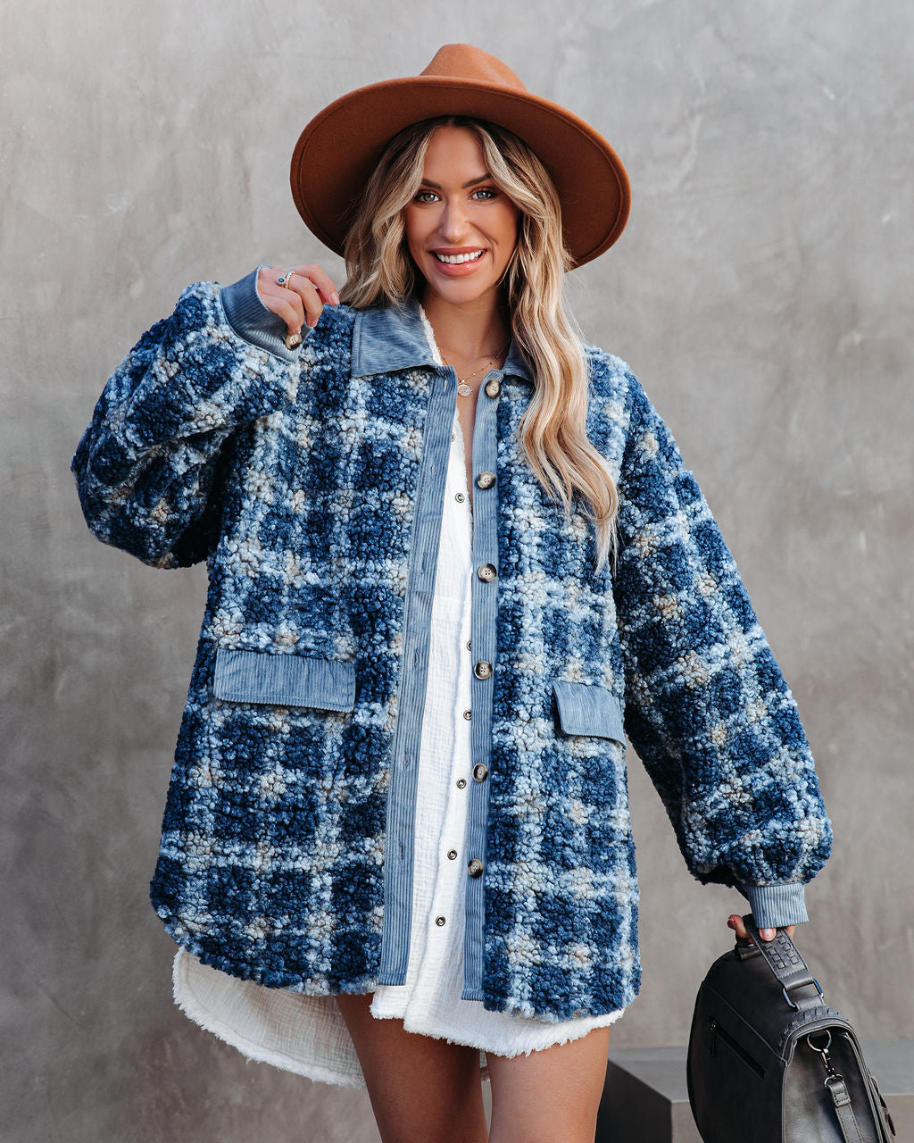 Alaska Plaid Pocketed Teddy Jacket - Blue DAVI-001