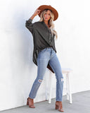 Alexie Button Down Ribbed Knit Top - Charcoal LIST-001
