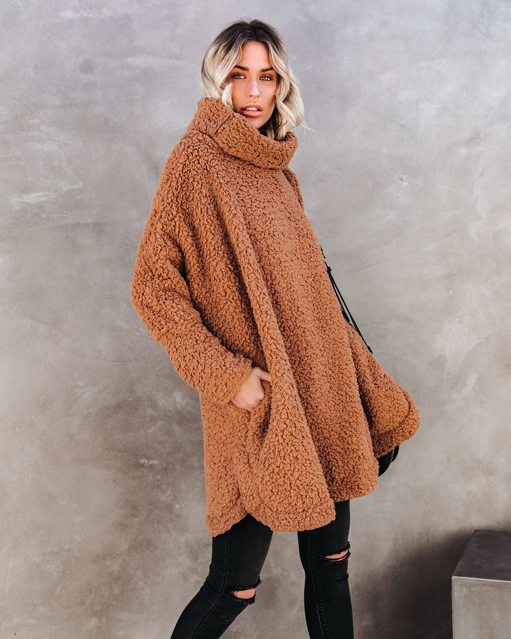 All Fired Up Pocketed Cowl Neck Sherpa Pullover FLAW-001