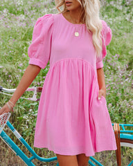 Amber Cotton Pocketed Puff Sleeve Dress - Cool Pink &MER-001