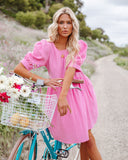Amber Cotton Pocketed Puff Sleeve Dress - Cool Pink