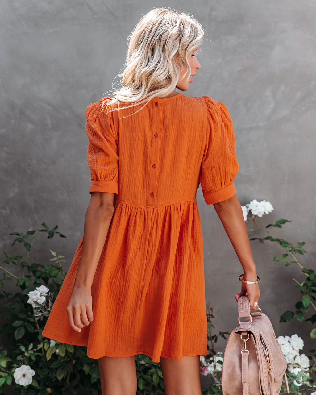 Amber Cotton Pocketed Puff Sleeve Dress - Orange &MER-001