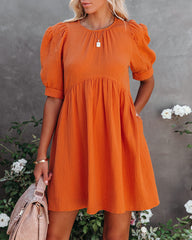 Amber Cotton Pocketed Puff Sleeve Dress - Orange &MER-001