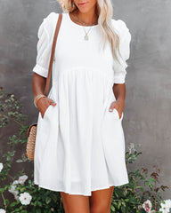 Amber Cotton Pocketed Puff Sleeve Dress - White &MER-001