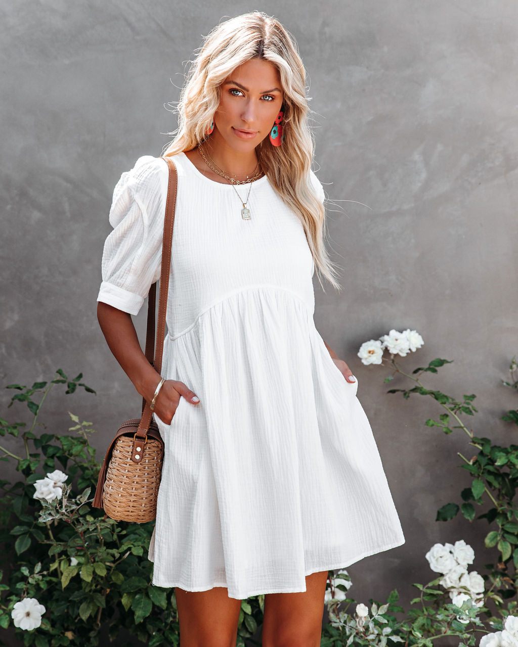 Amber Cotton Pocketed Puff Sleeve Dress - White &MER-001