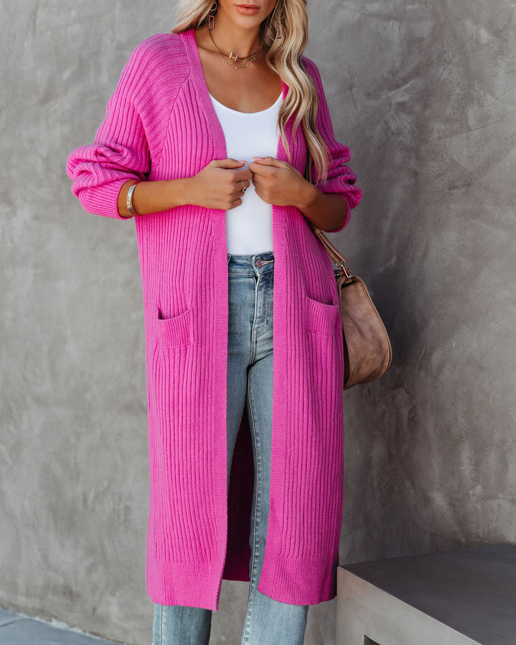 Amyah Pocketed Knit Duster Cardigan - Fuchsia AEOM-001