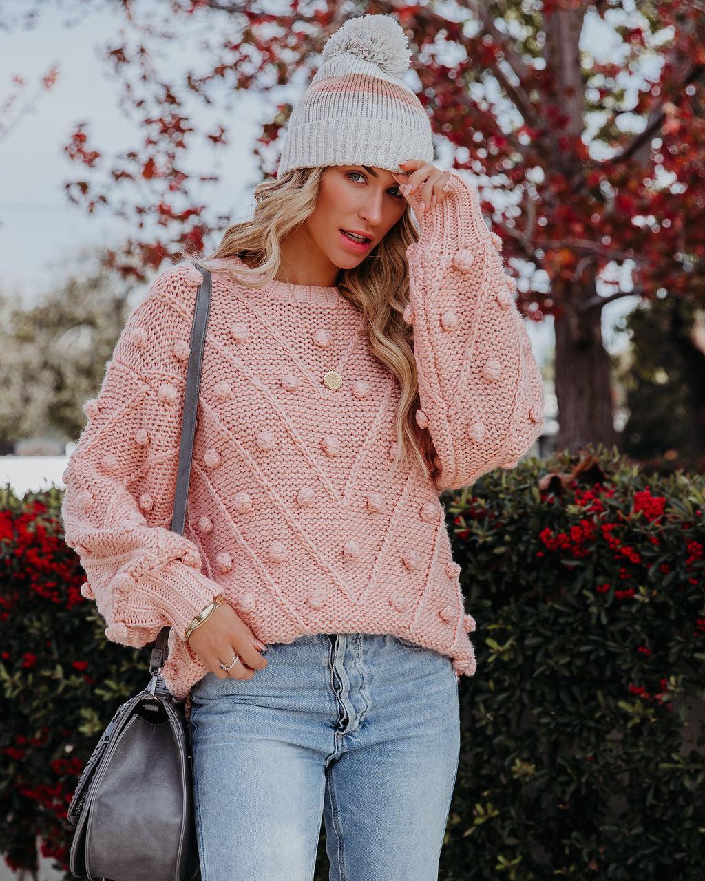 Angel Aura Relaxed Knit Pom Sweater - Blush FLAT-001