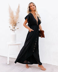 Anika Pocketed Button Down Ruffle Maxi Dress - Black FLAW-001