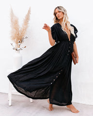 Anika Pocketed Button Down Ruffle Maxi Dress - Black FLAW-001