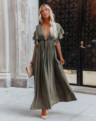 Anika Pocketed Button Down Ruffle Maxi Dress - Olive FLAW-001