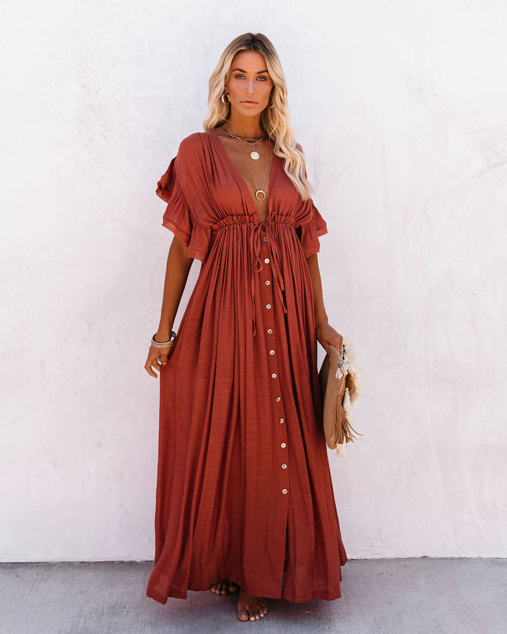 Anika Pocketed Button Down Ruffle Maxi Dress - Terracotta FLAW-001